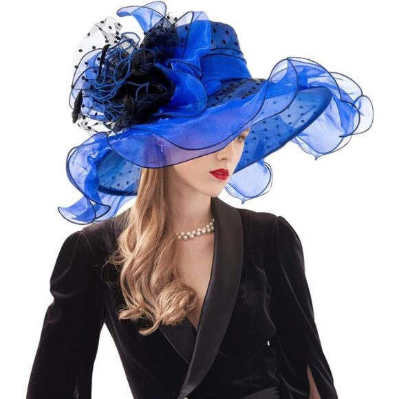 Women's Organza Derby Hat Wide Brim Sun Hat Dual-use, Royal Blue